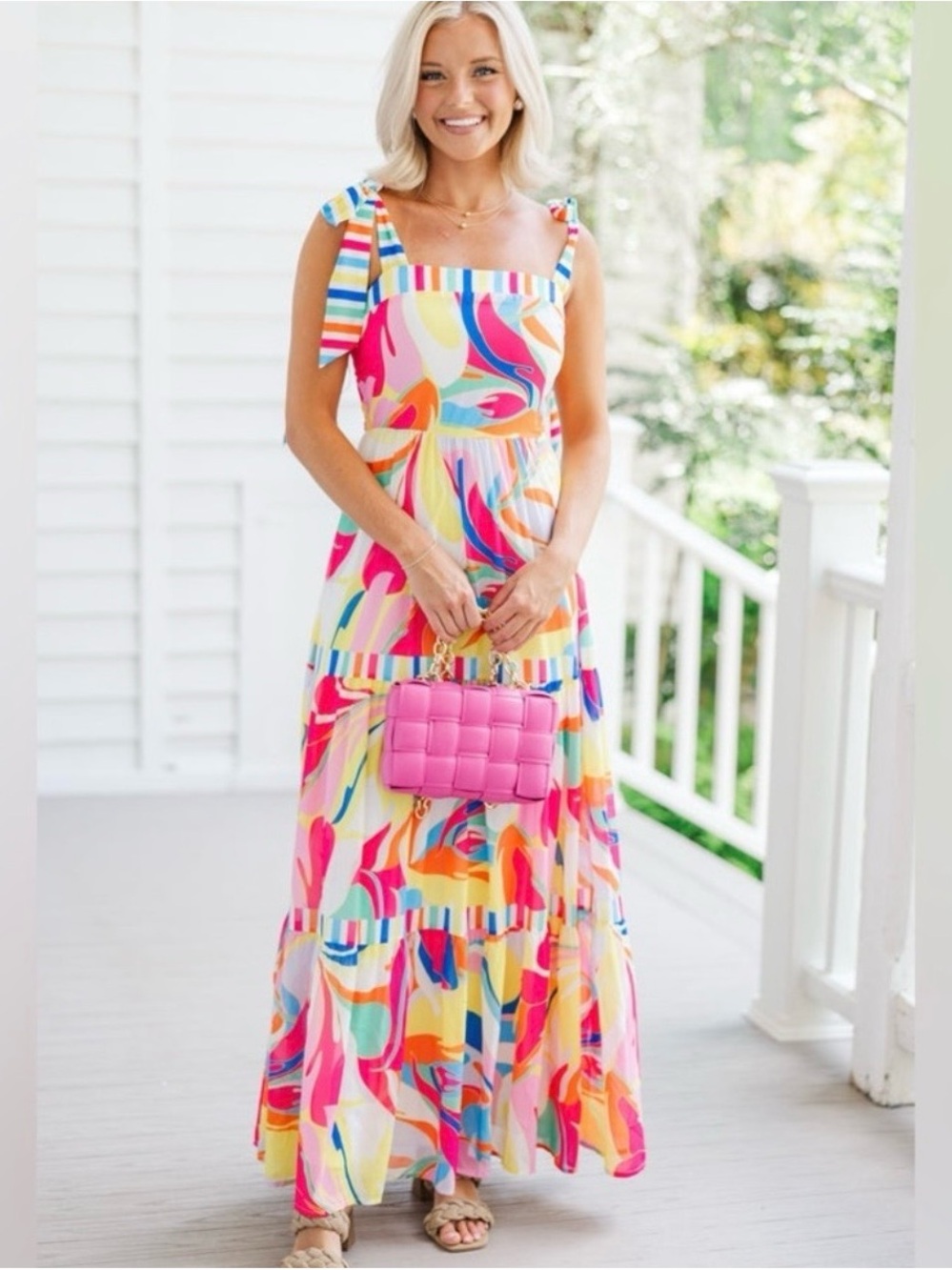 Flying Tomato Multicolor Tie-Shoulder Maxi Dress in Pink, Yellow, Blue & Cream
